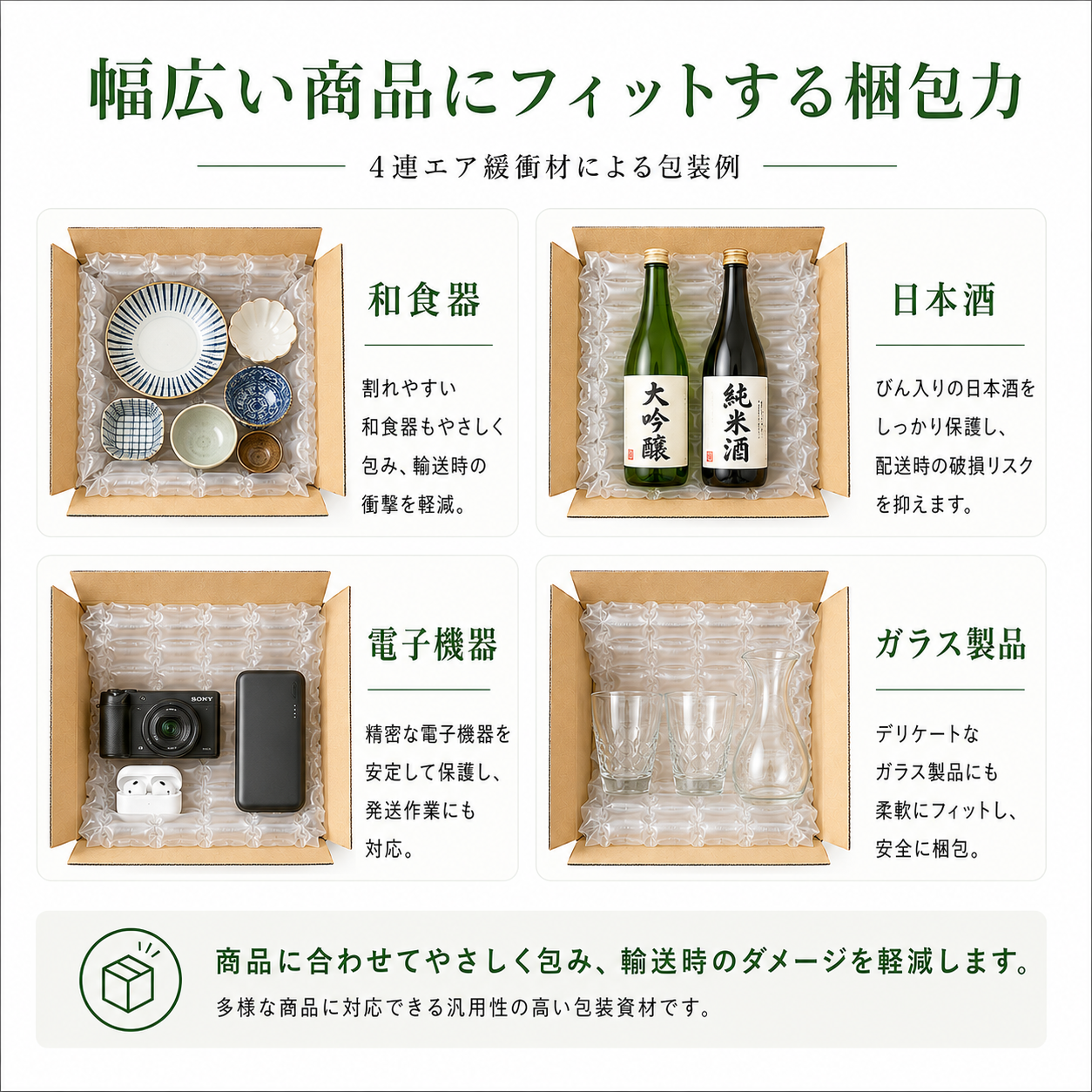 エアー緩衝フィルムロール 4連チューブ | 40cm幅×300m 厚さ2μm 防水・高耐圧 梱包材