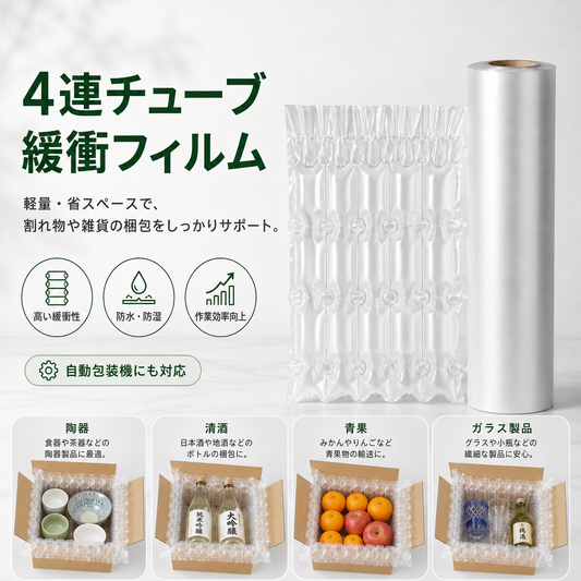 エアー緩衝フィルムロール 4連チューブ | 40cm幅×300m 厚さ2μm 防水・高耐圧 梱包材